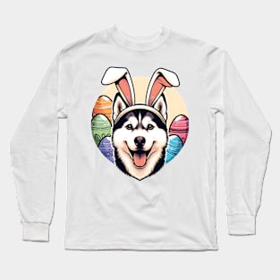 Siberian Husky with Bunny Ears Enjoys Easter Morning Long Sleeve T-Shirt